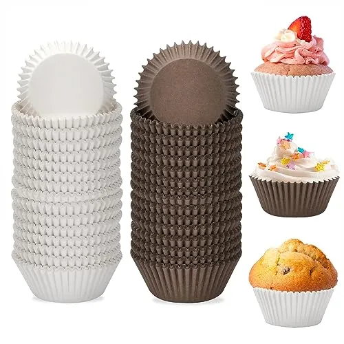 Muffinförmchen Papier, 400 Stück Mini Cupcake Muffins Förmchen, Papier Backförmchen fettdicht Fällen Liners Wrapper, Standardgröße 7 cm, für Backen Dessert Party Geburtstag Hochzeit (Weiß, Braun)