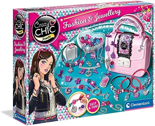 Clementoni Crazy Chic Mode Schmuck - Schmuck-Set zum Basteln von Armbändern und Ketten, fördert Kreativität und Geschicklichkeit für Kinder ab 7 Jahren
