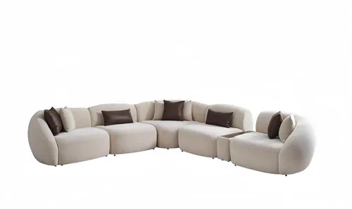Beige Ecksofa 345x320 cm – Modernes Design mit Getränkehaltern - Ecksofa in Beige für 5 Personen, mit praktischen Getränkehaltern und Kissen. Ideal für das Wohnzimmer, bietet Komfort und Stil in einem kompakten Design.