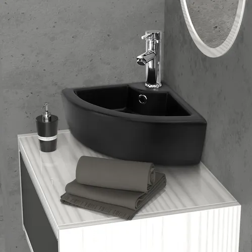 ML-Design Eckwaschbecken aus Keramik in Schwarz, 46x33x13cm - Badezimmer Eckwaschbecken, modernes eckiges Design mit Überlauf, platzsparend und ideal für kleine Badezimmer oder Gäste-WCs.