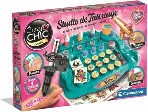 Clementoni | Tattoo-Studio | Tattoo-Maschine für Kinder 8 Jahre + | Komplettes Set Temporäre Tattoos | Schablonen, Körperfarben & Transfers | Einfache & sichere Kreation | Kreative Geschenkidee