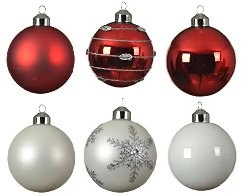 mgc24 Weihnachtskugeln weiß/rot, Weihnachtsdeko Christbaumkugeln Ø 8 cm aus Glas mit Aufhänger, 6 Stück