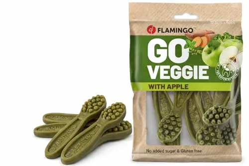 Flamingo Leckerli Hund – Veggie Zahnbürste mit Apfel – 160g – glutenfrei – kalorienarm – Zahnpflege Snack