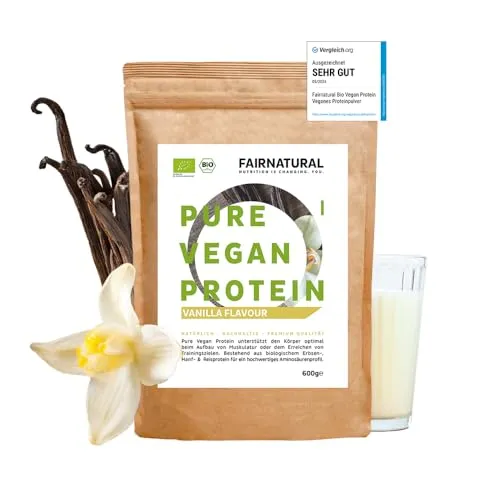 Fairnatural VEGAN Protein-Pulver BIO Vanille - Erbsenproteine, 100% natürliches veganes Proteinpulver ohne Soja, ideal für Muskelaufbau & Low Carb Diät, nachhaltig in Deutschland hergestellt.