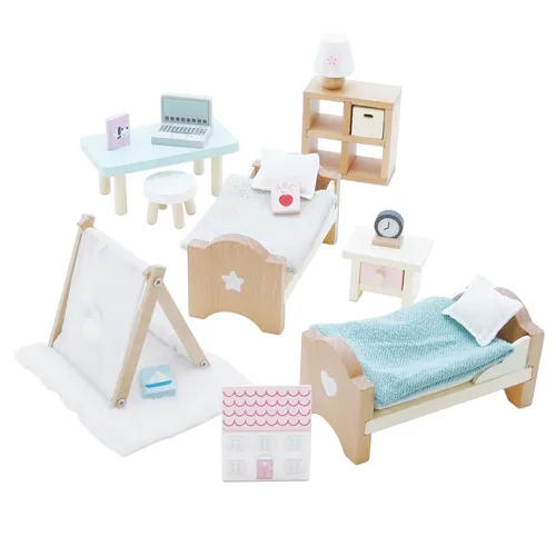 Le Toy Van Puppenhaus Daisylane Kinderzimmer - Puppenhaus Möbelset, enthält 2 Einzelbetten, Schreibtisch und viele farbenfrohe Accessoires. Ideal für kreative Rollenspiele und fördert die Fantasie.