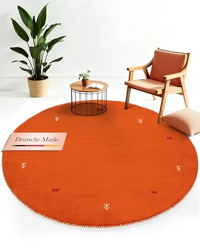 carpetfine Wollteppich Gabbeh Uni Rund Orange Ø 200 in orange von carpetfine