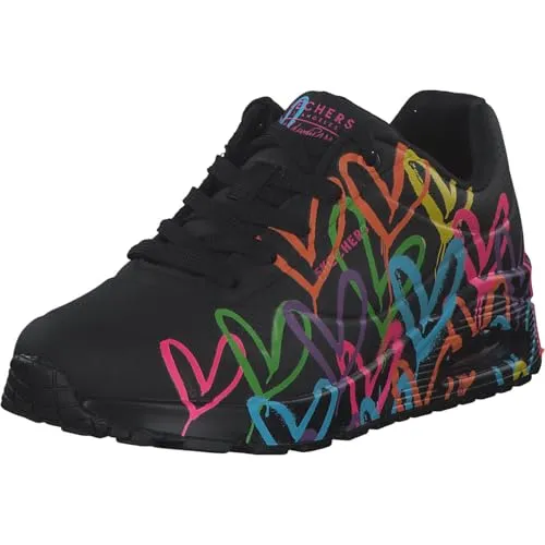 Skechers Damen James Goldcrown UNO-Highlight Love Sneaker, Black and Multi Heart Print Duraleather/Bla, 36.5 EU