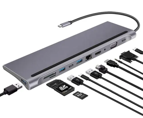 HUB USB-C HDMI 4k VGA LAN RJ45 FE 3x USB 3.0 SD FT Card Jack 3,5mm Power De