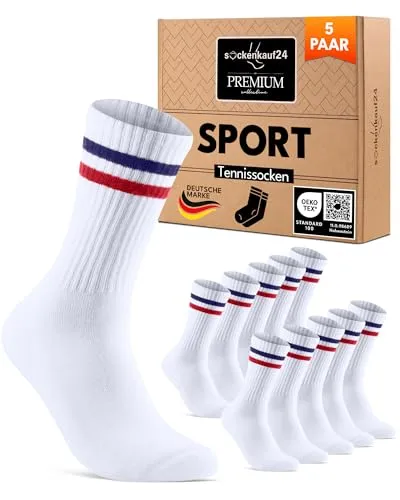 sockenkauf24 Socken Damen Sportsocken Weiß 35-38 Tennissocken Gepolstert Atmungsaktive Baumwolle 5 Paar Retro Crew-Socken (Ringel Rot/Blau)
