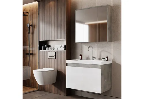 Karen Badmöbel-Set Alfa 60 Weiß – 3-teiliges Komplett-Set - Stylisches Badmöbel-Set im Retro-Stil mit Unterschrank, Spiegelschrank und Waschbecken. Bietet praktischen Stauraum und überzeugt durch hochwertige Materialien in modernem Design.