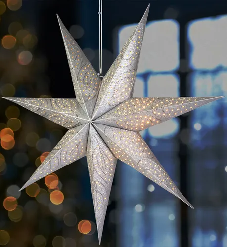 BRUBAKER 60 cm Papier Weihnachtsstern zum Aufhängen - Adventsstern - 3D Papierstern mit E14 Fassung, Silber