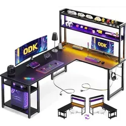 ODK Gaming Schreibtisch LED L-Form mit 2 Steckdosen und 2 USB-Anschlüssen