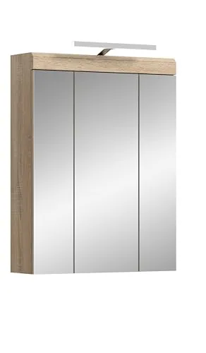 xonox.home Bad Lambada Spiegelschrank mit Beleuchtung - Spiegelschrank in Weiß Hochglanz und Sonoma Eiche hell, kombiniert moderne Beleuchtung und Stauraum für ein stilvolles Badezimmer. Maße: 60x79x18 cm.