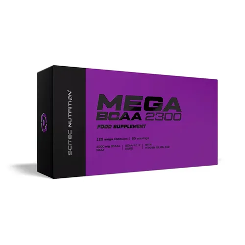 Scitec Nutrition Mega BCAA 2300 - 120 Kapseln - Sportnahrung mit 2:1:1 Verhältnis von BCAAs, unterstützt Energieproduktion und reduziert Müdigkeit dank Vitaminen B5, B6 und B12. Ideal für Sportler!