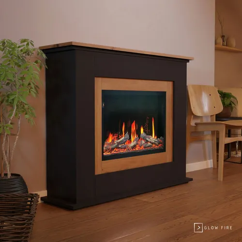 Glow Fire SCM-5 Elektrokamin mit Heizfunktion - Eleganter Elektrokamin in Schwarz (Eiche) mit realistischem LED-Glutbett. Wählen Sie aus 3 Flammenfarben und genießen Sie eine regulierbare Heizung. Bedienung per App oder Fernbedienung für höchsten Komfort.