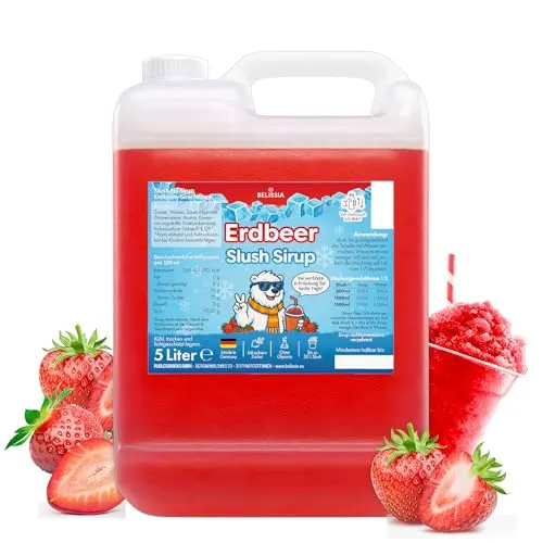 Belissia Slush Eis Sirup 5 Liter Konzentrat | Erdbeer Geschmack | sehr ergiebig in knalligen Farben (1:5) für bis zu 30 Liter | Glycerin frei – für Slush-Eis
