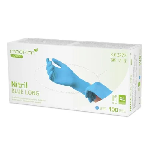 Medi-Inn Nitril blue long Einmalhandschuhe XL - Medizinische Untersuchungshandschuhe, extra-lang mit 30 cm für zusätzlichen Schutz über das Handgelenk, ideal für Medizin und Pflege, puderfrei und texturiert für besseren Grip.