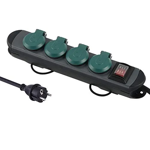 Electraline 62185 Professionelle Steckdosenleiste für den Außenbereich, 4 Schukosteckdosen mit IP44-Stecker, 1,8 m Gummikabel H07RN-F 3G1.5, Schwarz/Grün
