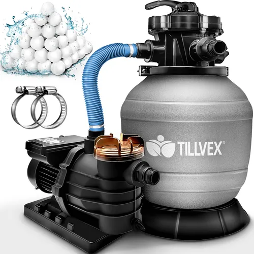 tillvex® Sandfilteranlage 13.200L/h - 40.000L mit 1200g Filterbällen - Poolpumpen & Sandfilteranlagen, selbstansaugend mit 7-Wege Ventil und robustem Metallgehäuse für eine maximale Fördermenge von 13.200 l/h. Inklusive 1200g Filterbälle für optimale Wasserqualität.