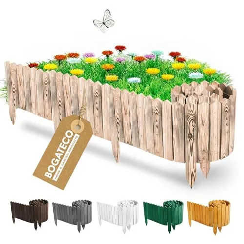 BOGATECO Beeteinfassung Holz Rollborder Holzlatten | Rollzaun 40cm Hoch & 200cm lang | Holz-Zaun | Staketenzaun Perfekt als Beet-Umrandung oder Weg-Abgrenzung | Geflammte