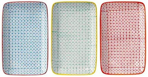 Bloomingville Servierplatten Carla Retro kleine Servier-Teller eckig Vintage rechteckige L 19 x W 12 cm, rot blau grün, Keramik, 3er Set