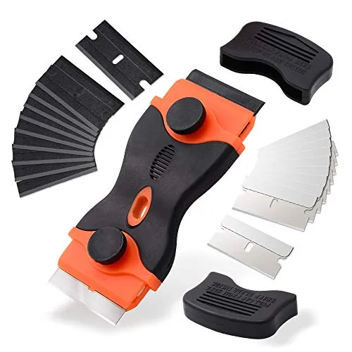 Ehdis Doppelkopf Glasschaber mit 10 Kohlenstoffstahl und 10 Kunststoff Klingen für Kleber, Farbe, Abziehbilder, ochfeld und Backofen Tönung Kochfeldschaber