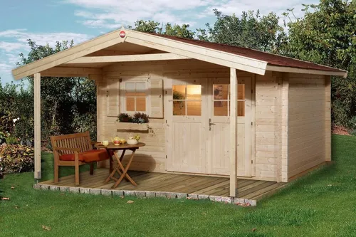 Weka Gartenhaus 136 A, Natur - Gartenhäuser: Elegantes Gartenhaus aus massiven Blockbohlen mit charmantem Vordach und Doppeltür für flexible Nutzung und optimale Lichtverhältnisse.