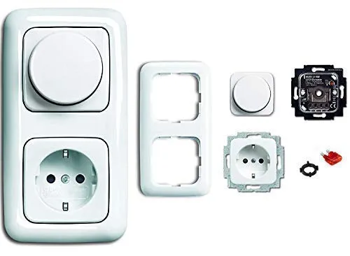 BUSCH-JÄGER LED Dimmer Komplett-Set -alpinweiß- Reflex SI 6523-U 102 - Dimmschalter Set mit LED Dimmer, 2-fach Rahmen und Steckdose, inklusive roter Glimmlampe für eine stilvolle Beleuchtung in Ihrem Zuhause.