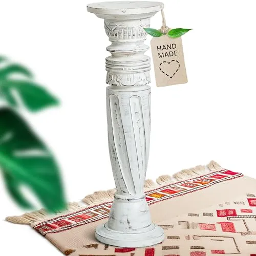 livasia gedrehte Deko Holzsäule 60cm – Antik-Look Podest, Blumensäule, Dekosäule aus Albiziaholz – Balinesische Handwerkskunst, Nachhaltig und Einzigartig (Weiß)