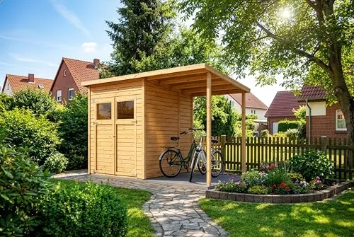 Alpholz Gerätehaus Mollie Plus 335x199 cm - Gerätehaus aus 14 mm Fichtenholz mit Pultdach, ideal zur sicheren Lagerung von Gartengeräten und Möbeln. Schneller Aufbau dank Elementbauweise und atmungsaktives Raumklima.