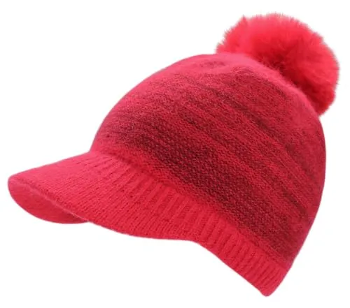 dy_mode Warme Damen Strickmütze mit festem Schirm, gefüttert und zweifarbig - Winter Schirmmütze mit Bommel - A500 (DE/NL/SE/PL, Alphanumerisch, Einheitsgröße, A500-Rot)