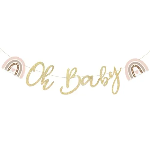 BETESSIN Babyparty Deko - Oh Baby Girlande mit Boho Regenbogen Motiv - Baby Shower Banner - Hängedeko für Babyparty, Gender Reveal Party, Babyshowerparty Deko Mädchen und Jungen