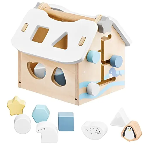 mamabrum Sortierspiel Holzspielzeug ab 3 Jahr Holzhaus Mit 8 Modellierblöcken | mit beidseitig zu öffnender Kapuze und praktischem Tragegriff