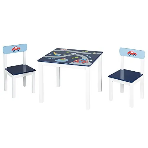 roba Kinder Sitzgruppe 'Rennfahrer' - Kindermöbel Set mit Fahrzeug-Motiven - Schreibtisch-Sets für Kinder, ideal für kleine Rennfahrer! Bequemes Set aus 2 Stühlen und 1 Tisch, perfekt zum Spielen, Malen und Essen.