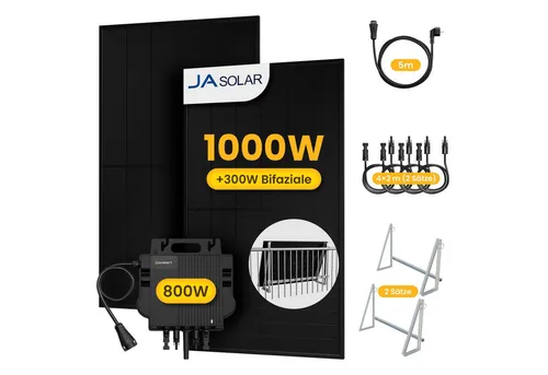 Growatt Balkonkraftwerk 1000W mit 800W Wechselrichter - Balkonkraftwerk mit 800W Growatt Mikro-Wechselrichter und 2 leistungsstarken JA Solar Modulen für maximale Effizienz und einfache Installation auf Balkon oder Flachdach.