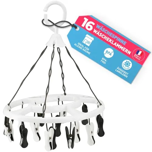 culiclean Wäschespinne Camping klein mini faltbar Wäscheständer klein Sockenspinne Sockentrockner mit Wäscheklammern Hängetrockner für Balkon Reise platzsparend weiß mit schwarz weiß