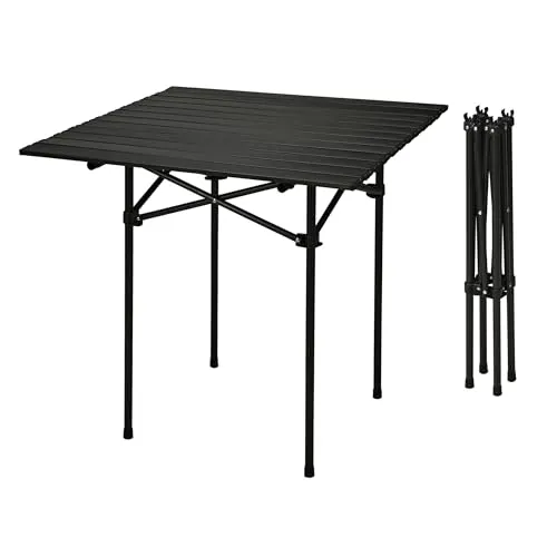 Camping Klapptisch schwarz mit Tragetasche - 70 x 69 cm - Robuster Klapptisch für Outdoor-Aktivitäten, leicht und platzsparend. Mit einrollbarer Tischplatte und Tragetasche ideal für Camping, Garten und Picknick. Maximale Belastbarkeit von 30 kg.