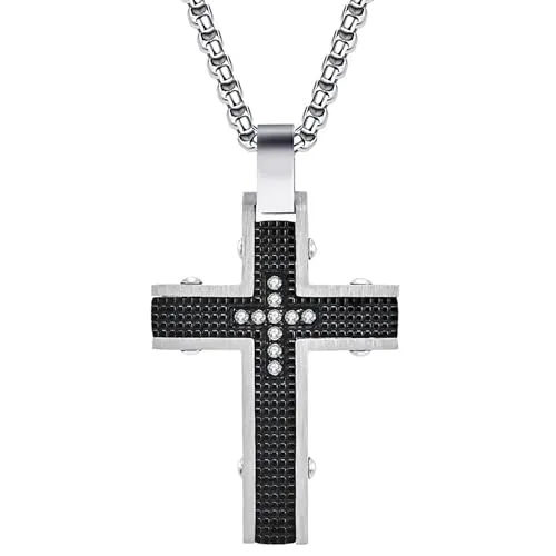 meberg Karma NH1147279 Halskette mit Kreuz Silber od. Schwarz Herren Edelstahl 60 cm Kette Herrenschmuck Edelstahlkette Männer Herrenhalskette Geschenk für Ihn (Schwarz)