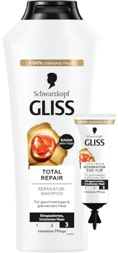 Gliss Shampoo (400 ml) & SOS-Intensiv-Kur Total Repair (15 ml) Total Repair mit flüssigem Keratin & Blüten-Nektar, für trockenes und geschädigtes Haar, Haarkur für intensive Reparatur & Pflege