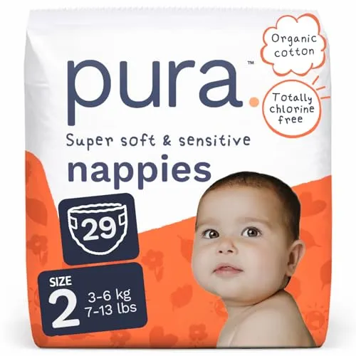 Pura Ökologische Windeln Größe 2 (3-6 kg), 1 Packung (25 Stück), für Babys und empfindliche Haut, Bio-Baumwolle, Nassanzeige, Ausschnitt für Bauchnabelschnur