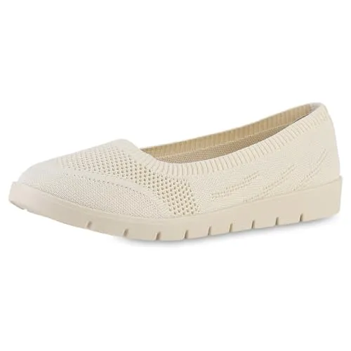 VAN HILL Damen Sportliche Ballerinas Flach Strick Bequem Schuhe 216970 Beige 37