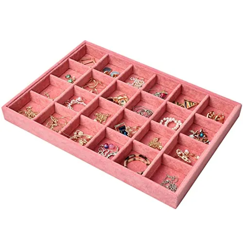 Grids Samt Schmucktablett für Schublade, Schmuckaufbewahrung Stapelbar Schmuck Organizer, Schubladeneinsatz Aufbewahrungssystem Schmuck Tablett für Ohrringe Ringe Ketten Armband, 35x24x3cm (Rosa) 24