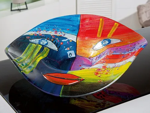 GILDE GLAS art Deko Schale - Handbemaltes Gesichtsmotiv mit Glassteinen - Dekoschale in ovaler Form (49 x 12 cm), handgefertigt und einzigartig - perfekt als Geschenk für besondere Anlässe und stilvolle Wohnraumgestaltung.