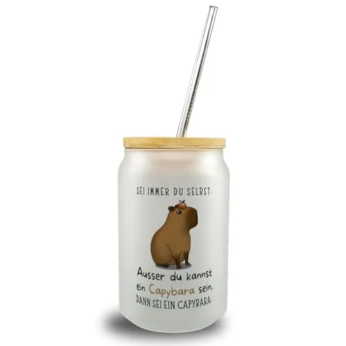 speecheese Sei immer du selbst - ausser du kannst ein Capybara sein Trinkglas mit Bambusdeckel ein lustiges Glas für dein Lieblingsgetränk zum Geburtstag Trinkglas mit Bambusdeckel