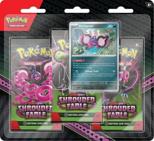 Pokémon Scarlet & Violet Shrouded Fable 3 Pack Blister Pecharunt (englisch) - Erlebe spannende Abenteuer mit diesem Booster-Pack aus der Scarlet & Violet Edition. Ideal für Sammler und Spieler, um das Pokémon TCG zu erweitern.