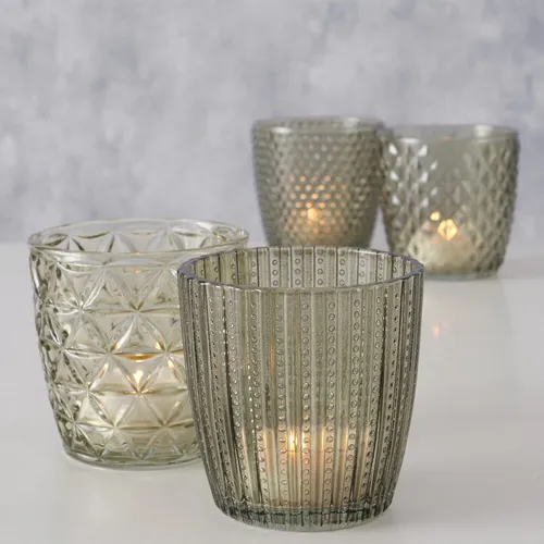 4tlg. Windlicht MARILU hellgrün grün Muster geriffelt aus Glas Teelichthalter