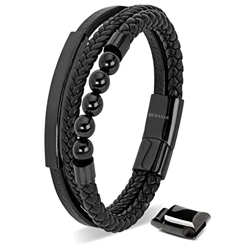 SERASAR Herrenarmband Leder 23cm Schwarz - Armschmuck in Bijouterie, elegantes geflochtenes Design aus echtem Rindsleder mit hochwertigem Edelstahl und starkem Magnet-Verschluss – das perfekte Geschenk!