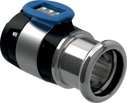 GEBERIT FlowFit Wasserrohr mit Pressmuffe 20 x 15 mm - Wasserrohre für Haustechnik, Industrie und Schiffbau mit schneller Installation dank Sichtfenster und druckoptimierter Geometrie für reduzierte Druckverluste.