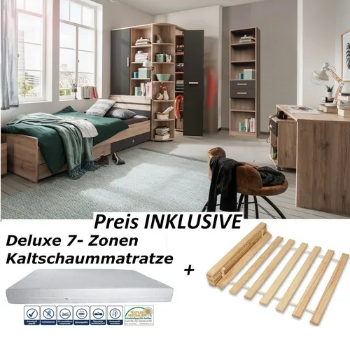 möbel-direkt.de Jugendzimmer-Set Cariba - 8-teiliges Komplett Set, Made in Germany - Komplettzimmer in Eiche San Remo und Graphit, inklusive begehbarem Eckkleiderschrank und Deluxe 7-Zonen Kaltschaummatratze für optimalen Schlafkomfort. Ideal für Jungen und Mädchen!