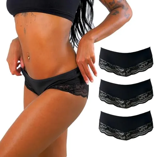 Benonetti Hipster Damen Baumwolle - 3er Pack - Seamless Frauen Unterhosen mit Spitze - Atmungsaktiv Stretch Nahtlose Panties (DE/NL/SE/PL, Alphanumerisch, S, Regular, Regular, schwarz)